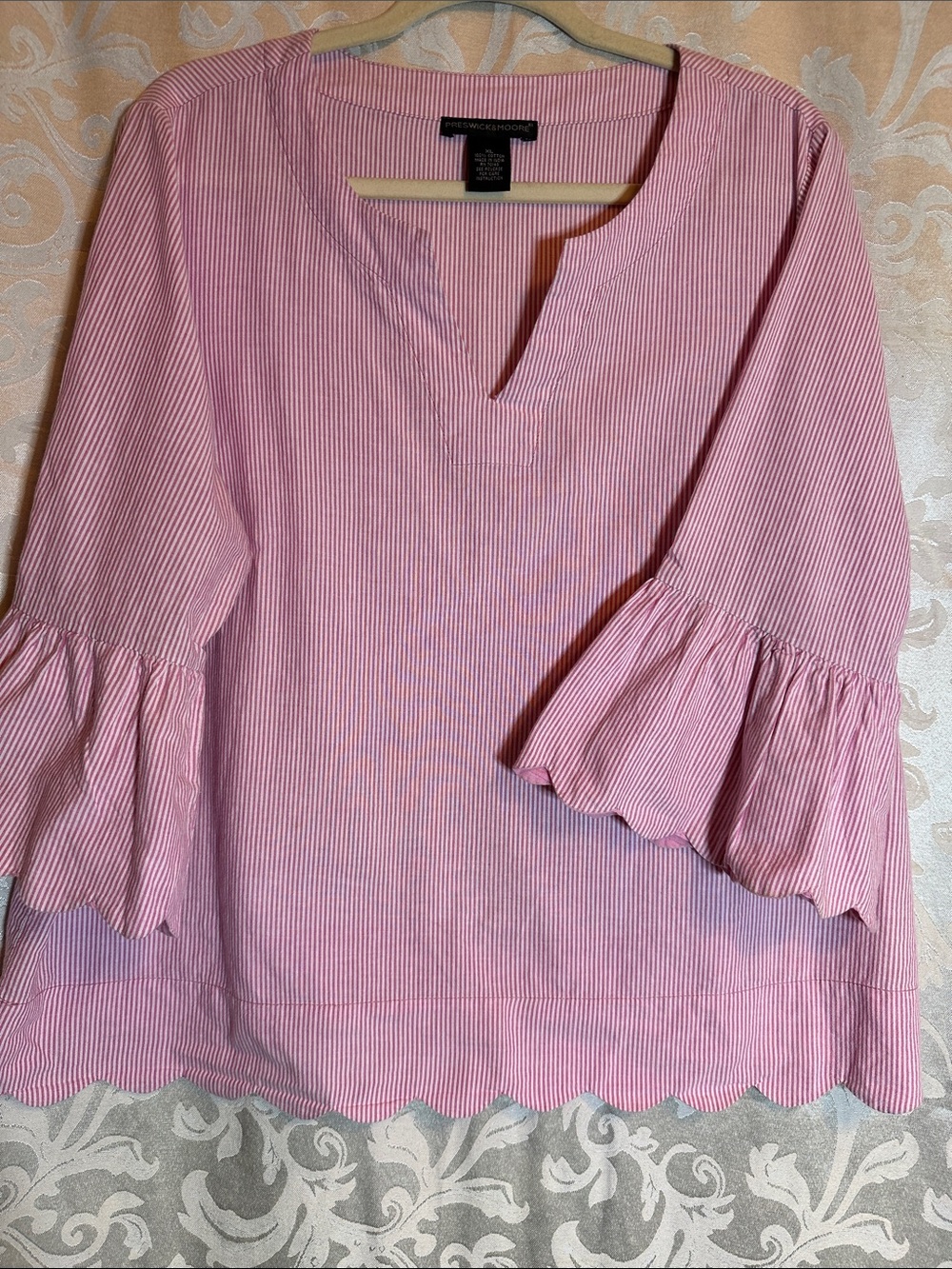 Preswick & Moore Pink and White Striped Bell-Sleeve Top